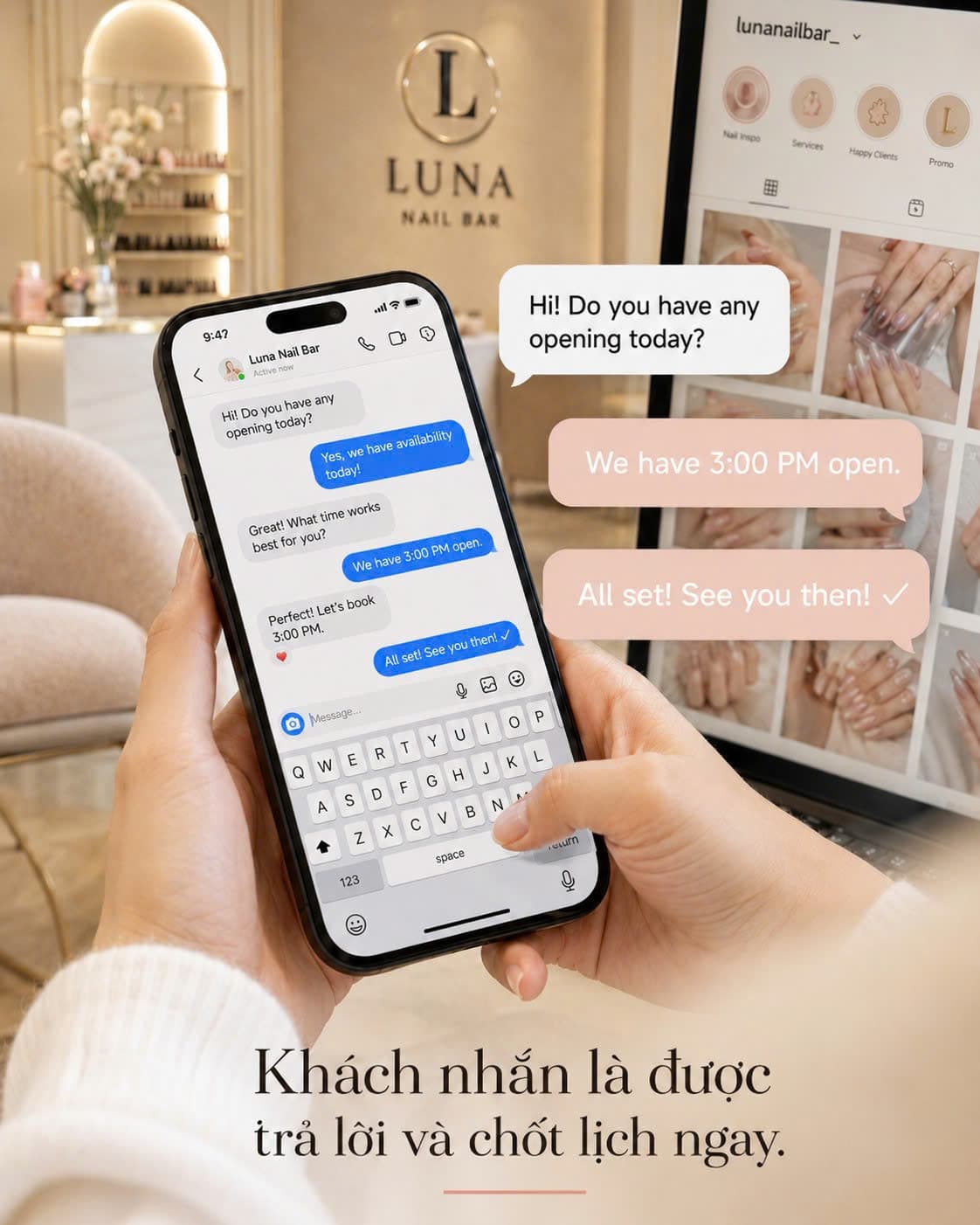 Trả lời tin nhắn Facebook và Instagram cho tiệm nail